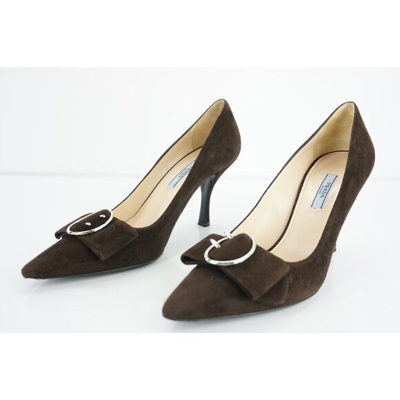 Prada Brown Suede Leather Pointy Bow Toe Heel Pumps Strap Bow - Picture 6 of 12